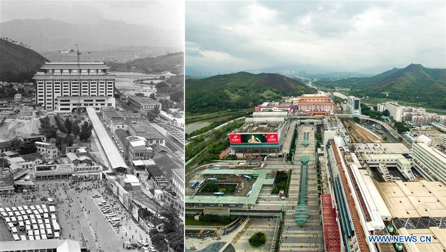 The left part (file) of this combo photo taken by Lo Ping Fai shows a joint inspection building in Shenzhen, south China's Guangdong Province. The right part of the combo photo taken by Mao Siqian on June 12, 2018 shows a joint inspection building zone of Luohu Port in Shenzhen. This year marks the 40th anniversary of China's reform and opening-up policy. Over the past four decades, Shenzhen has developed from a small fishing village to a metropolis. (Xinhua)