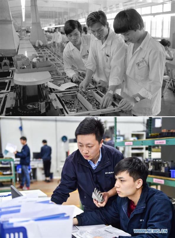 The upper part (file) of this combo photo taken by Li Changyong shows an electronic equipment factory in Shenzhen, south China's Guangdong Province. The lower part of the combo photo taken by Mao Siqian on Feb. 27, 2018 shows workers at a factory of Foxconn Technology Group in Shenzhen. This year marks the 40th anniversary of China's reform and opening-up policy. Over the past four decades, Shenzhen has developed from a small fishing village to a metropolis. (Xinhua)