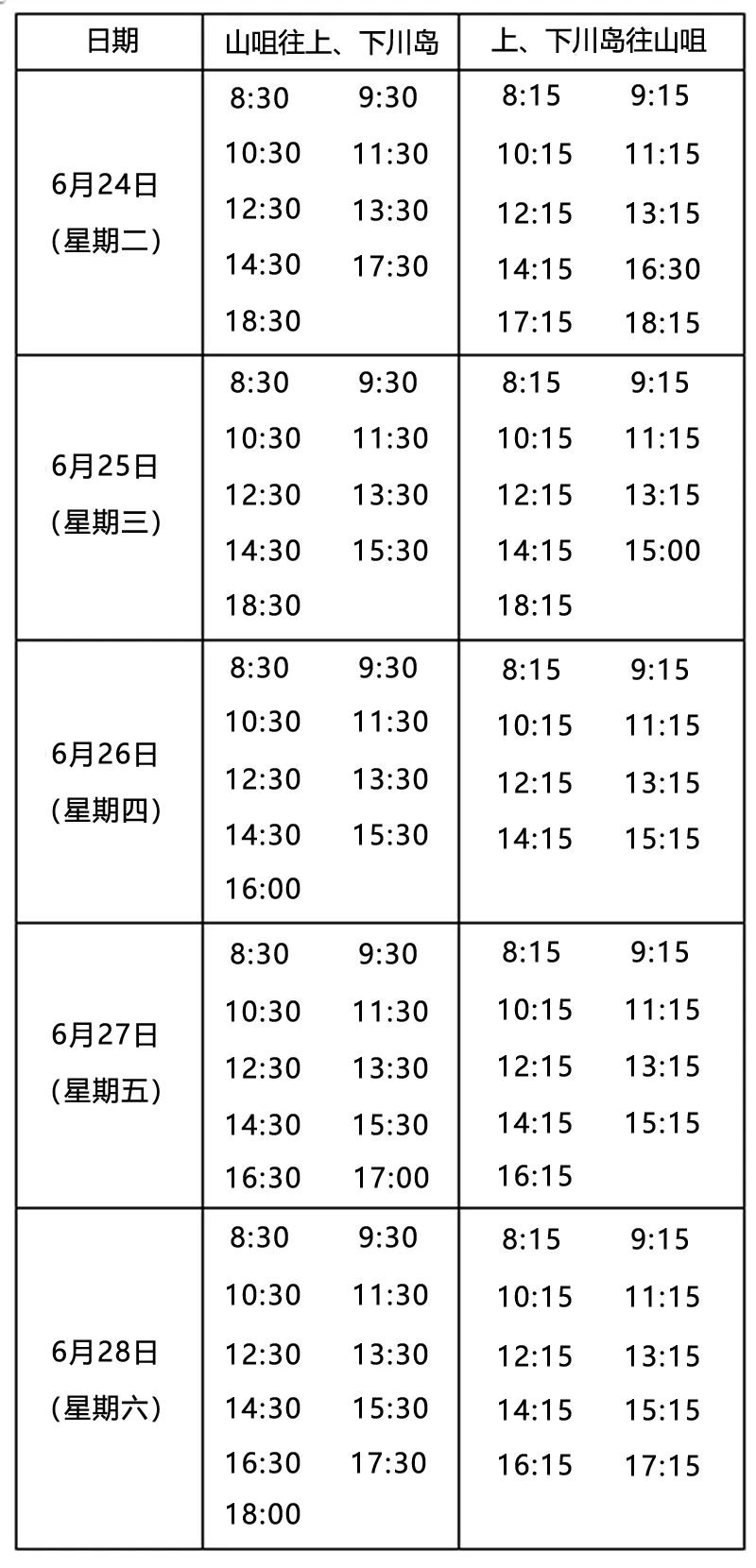 受天文潮汐影响
�，川山群岛海上客运24日—28日临时调整