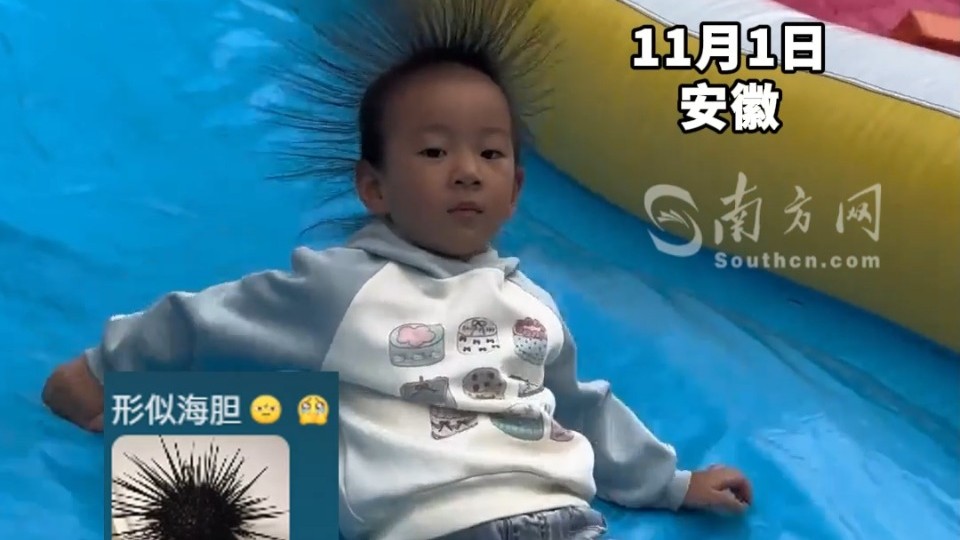 萌娃玩滑梯头发起静电，瞬间变成一颗“海胆”！网友：这份快乐很“上头”