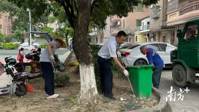 陆培浩（中）清理社区公园垃圾，降低蚊媒滋生风险。   受访者 供图