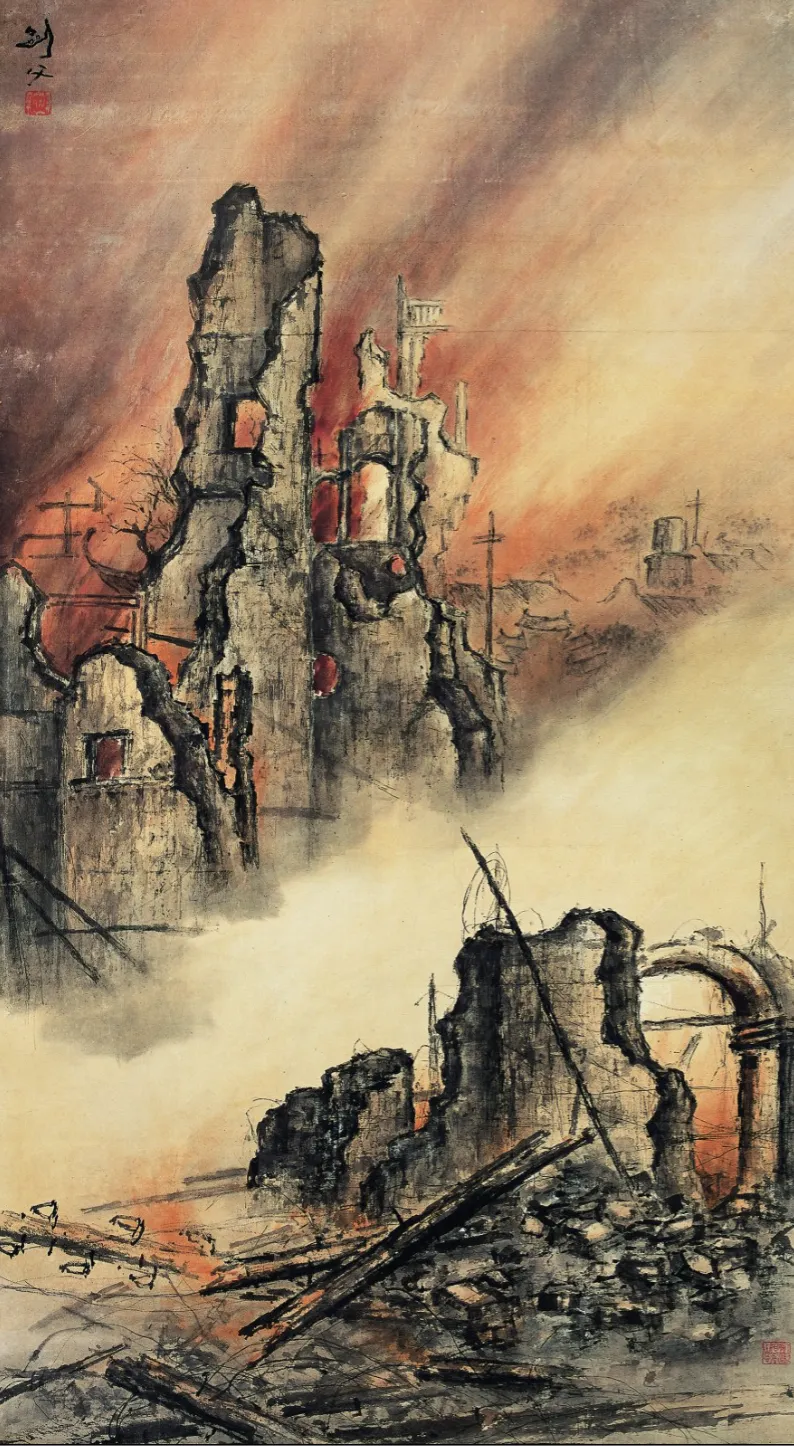 高剑父《东战场的烈焰》,中国画,166cm×92cm,1932年,广州艺术博物院(广州美术馆)藏