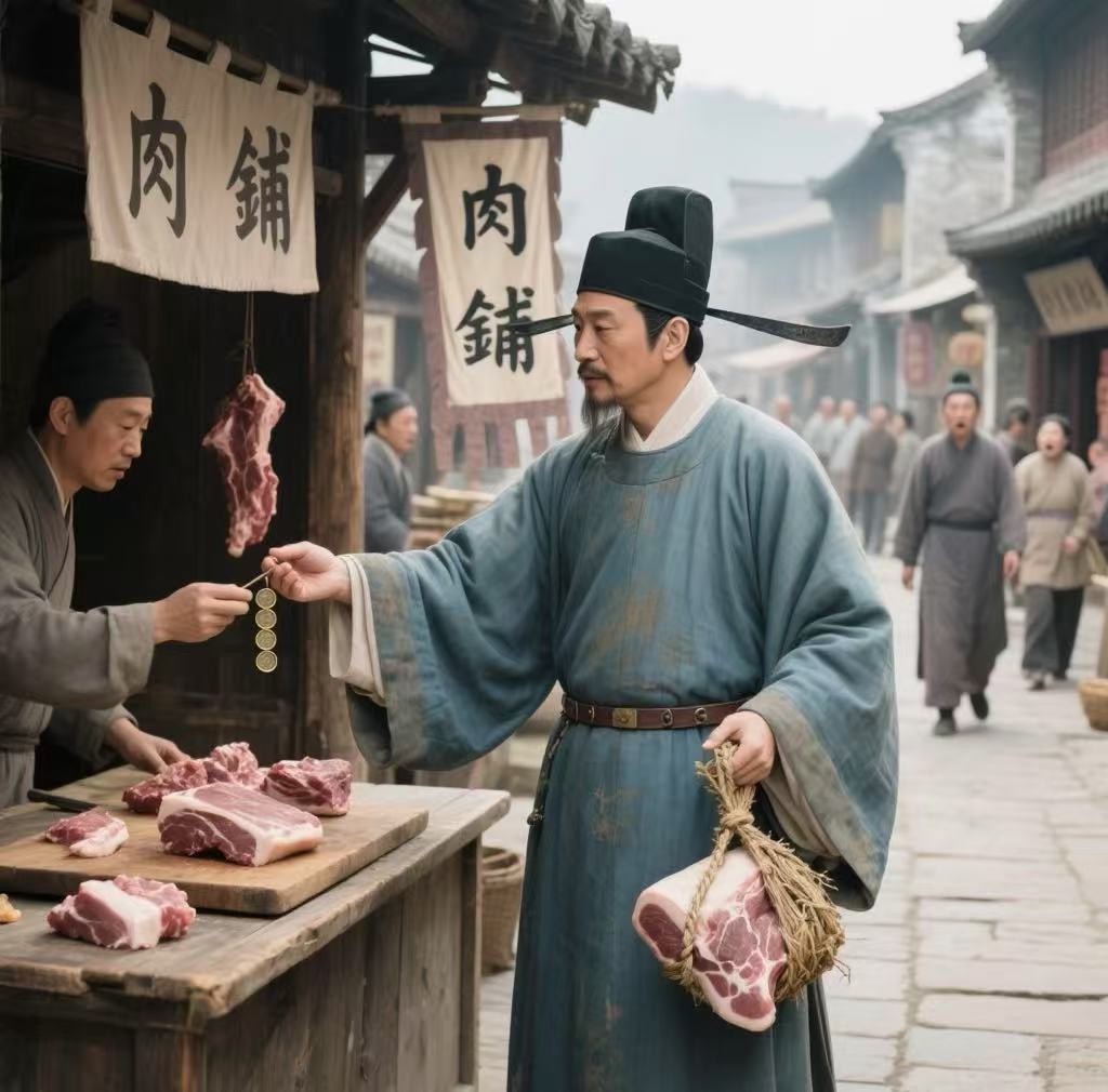 海瑞买肉给母做寿图。豆包AI生成