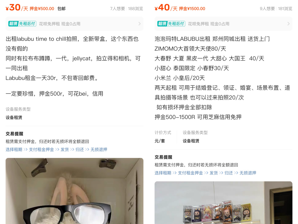 闲鱼上有卖家在出租LABUBU实体公仔