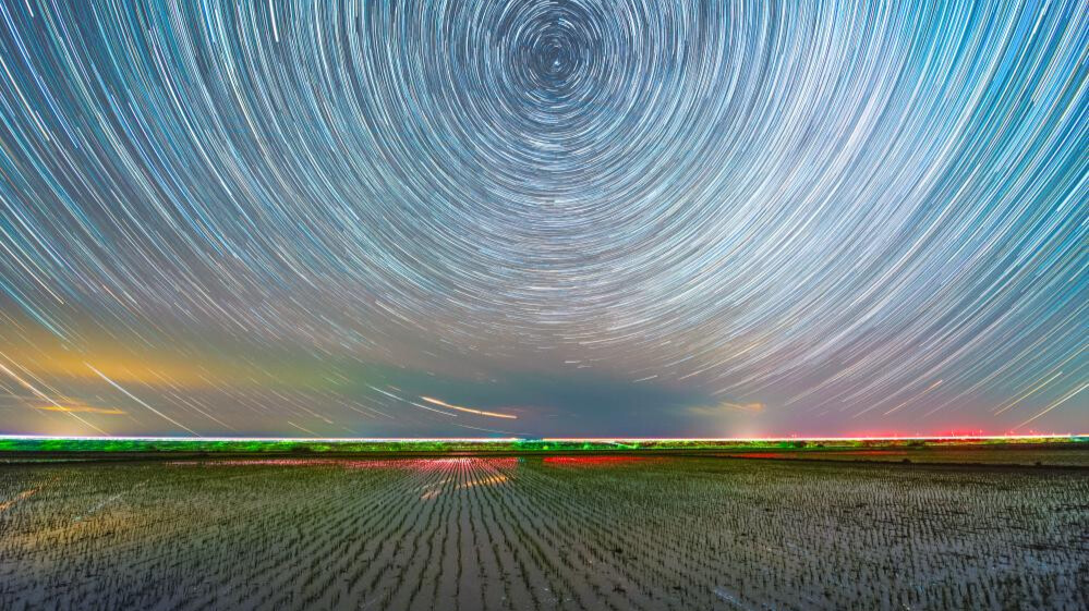 Terraced rice fields reflect starry skies in Yichun City, China's Heilongjiang