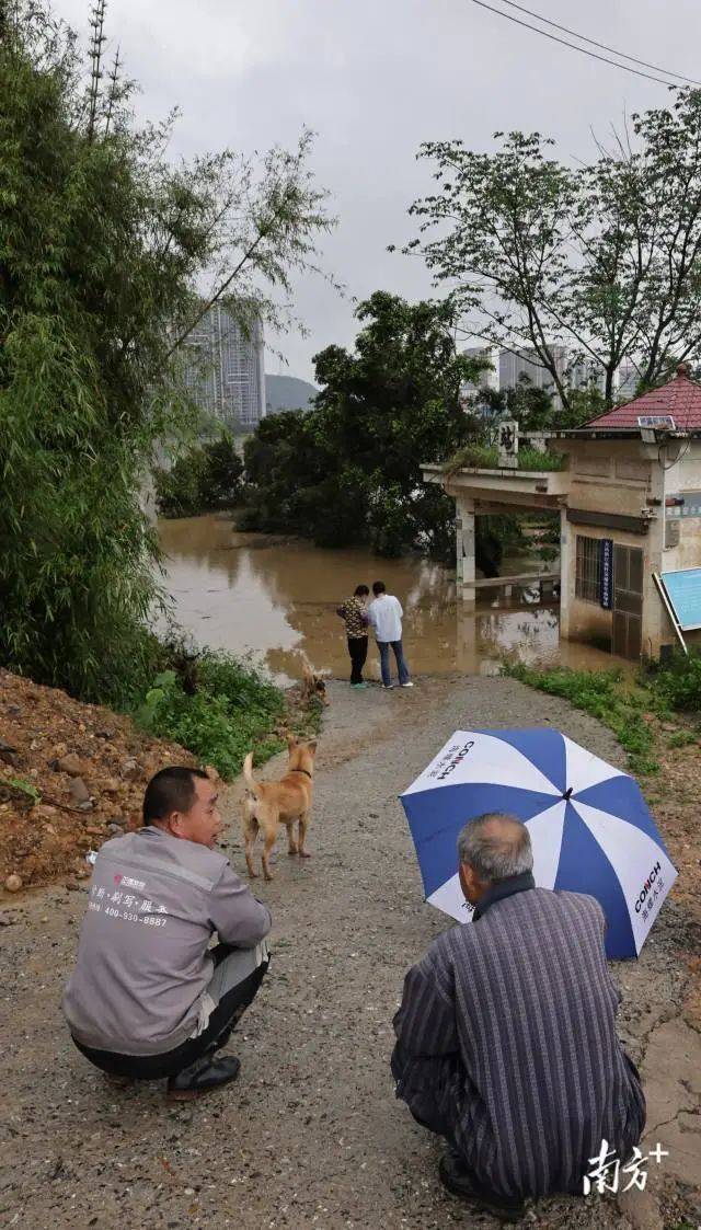 4月7日，英德市江南村，临近北江的一处河堤，部分建筑被浸泡水中，村民在岸边观察水情。