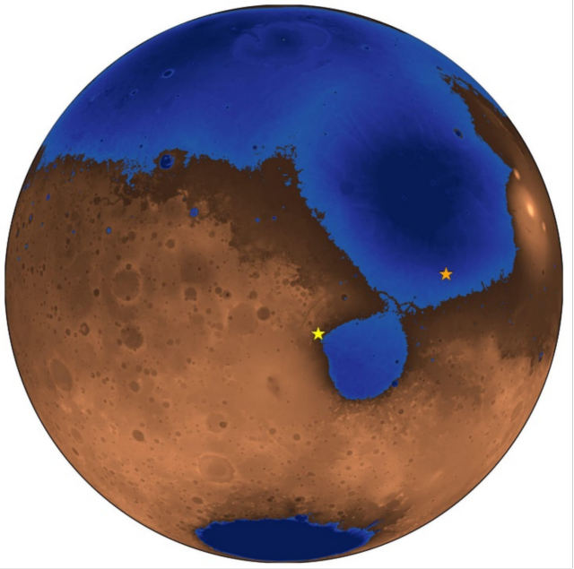火星36亿年前的假想图。蓝色区域显示了现已消失的Deuteronilus古海洋和海岸线，橙色星标表示中国祝融号火星车的着陆点，黄色星标是NASA毅力号火星车的着陆点。（图片来源： Robert Citron）