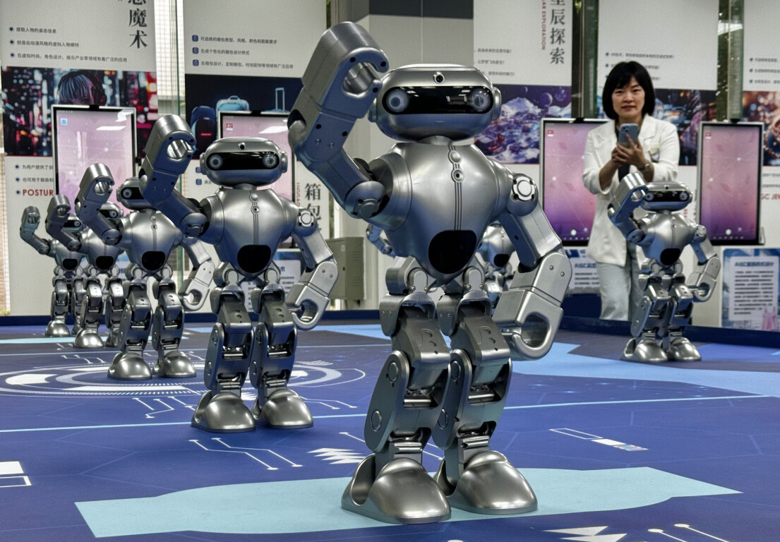 Robots dance for visitors at a technology company in Chenghai District, Shantou, Guangdong
