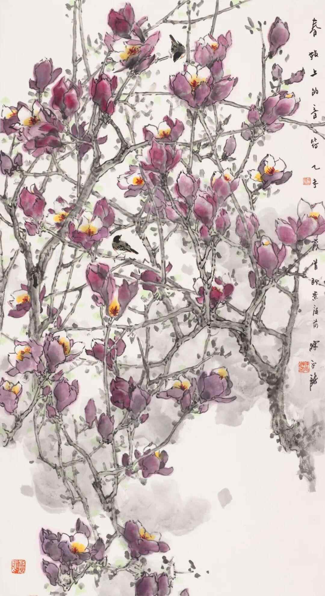 《春枝上的音符 》陈永锵 180cm×97cm 中国画 2015年