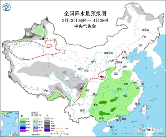 全国降水量预报图(3月13日08时-14日08时)�。陕西中部、西藏西部和东南部、江西西部等地部分地区有大雨(25～30毫米)。山西南部、江西北部等地部分地区有大雨(25～45毫米)。新疆沿天山地区和南疆盆地北部、西藏西部、内蒙古东北部、其中，局地暴雪，</p><p style=