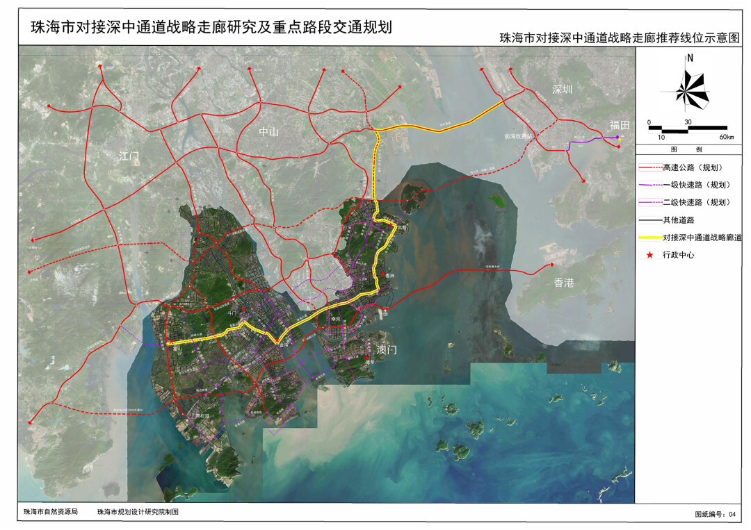 珠海市对接深中通道战略走廊推荐线位示意图。图/珠海市自然资源局