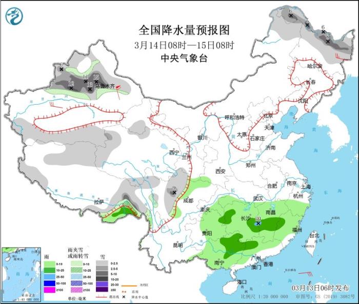 全国降水量预报图(3月14日08时-15日08时)。黑龙江东北部、川西高原北部等地部分地区有大雪	，渤海、湖北、</p><p style=
