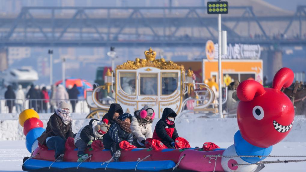 Frozen Songhua River in Harbin draws crowds for ice-and-snow-themed amusements