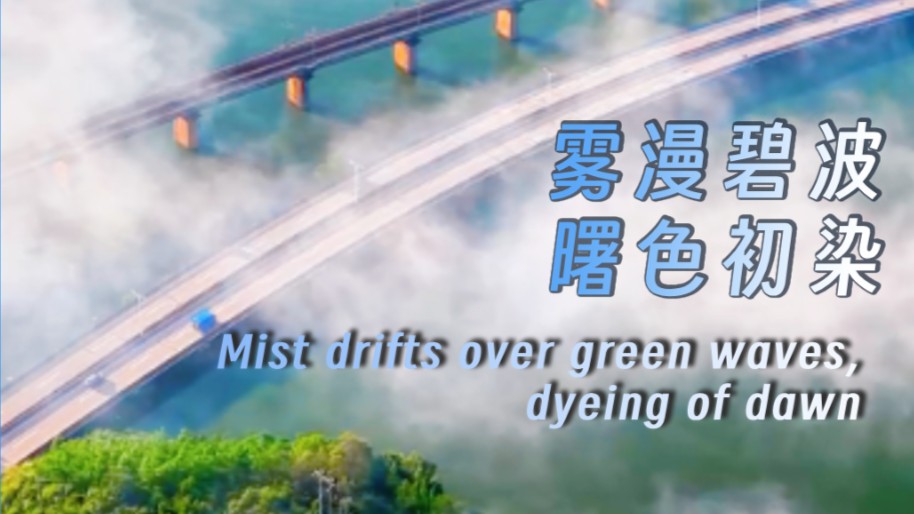 Mist drifts over green waves, dyeing of dawn