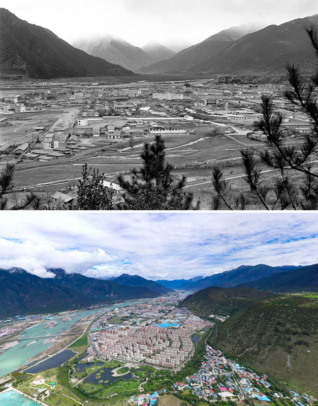拼版照片：上图是20世纪90年代的西藏林芝八一镇，下图是2021年7月20日拍摄的西藏林芝八一镇风貌。