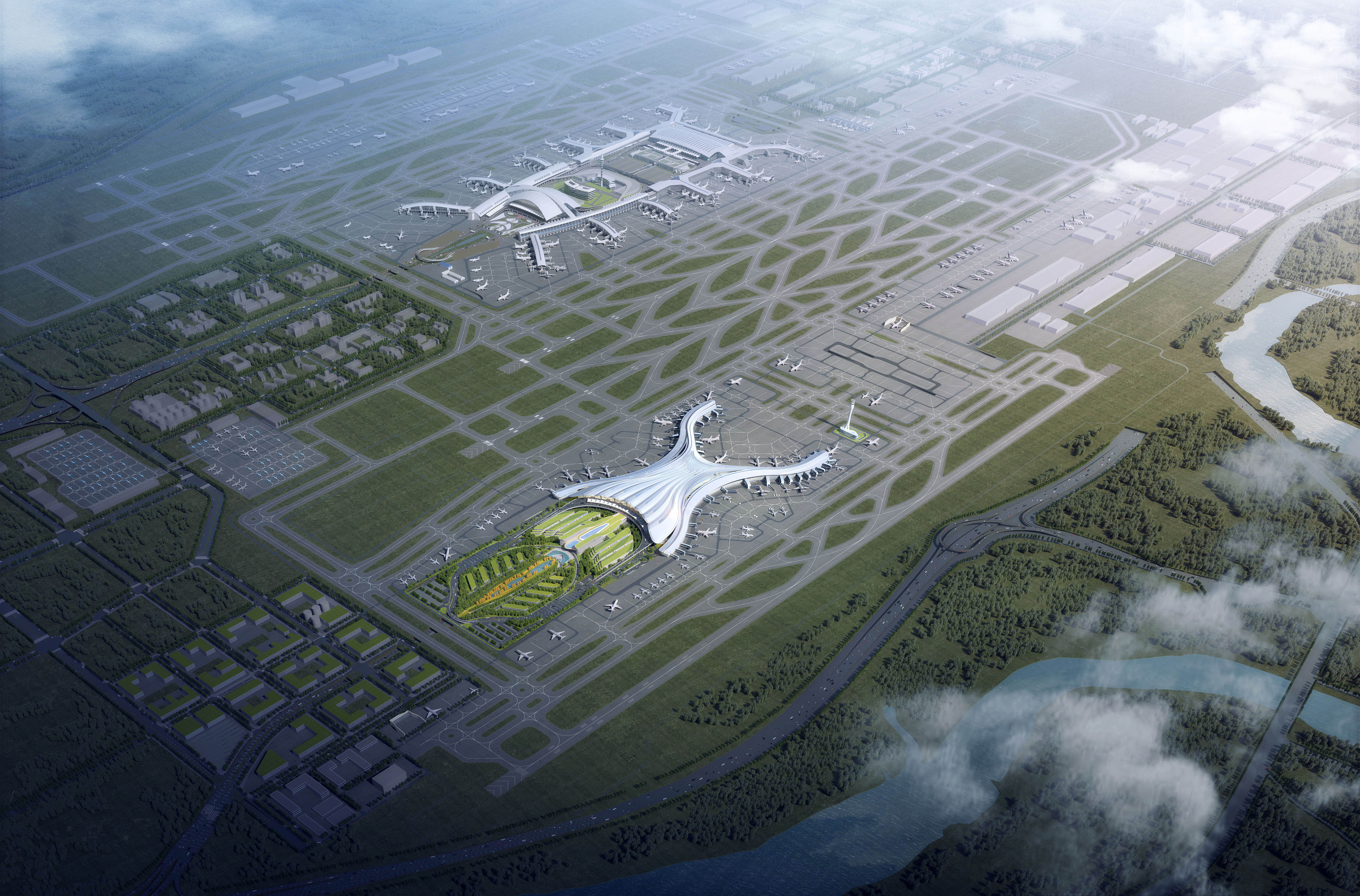 广州白云国际机场三期扩建完成后的白云机场俯瞰图。