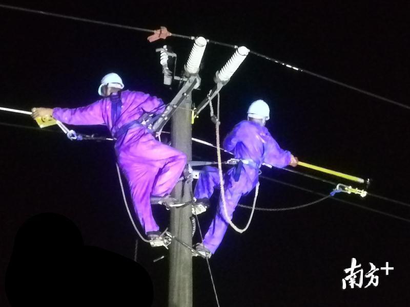5月26日，受雷雨天气影响，阳江城区供电局10千伏港九线蓝丰支线遭雷击断线停电，抢修人员立马赶往现场进行事故处理。图为供电人员对故障线路进行抢修。刘瑜修 摄