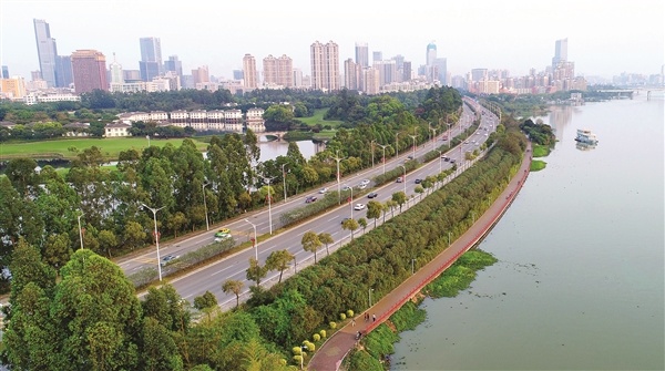 东江沿江绿道（惠城区江北往博罗方向）与城市相互辉映。 