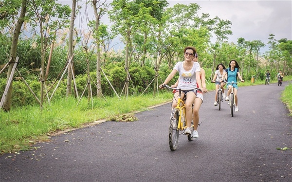 游客欢快地骑行在大亚湾小桂湾绿道上。 