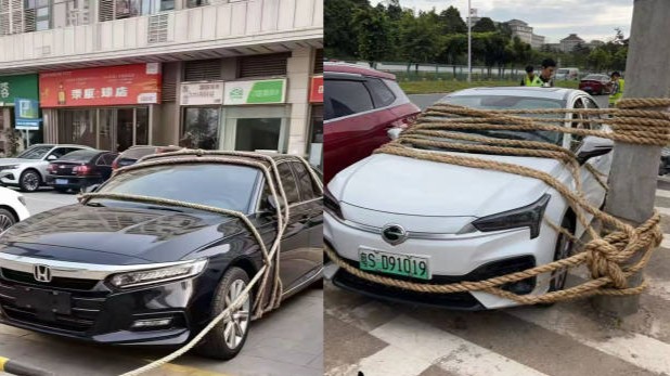 为防台风车辆“五花大绑”？图都是假的！