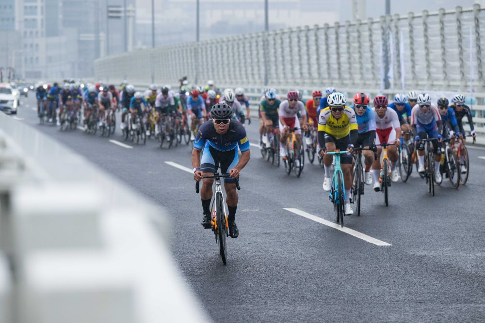 2024年11月24日,2024粤港澳公路自行车赛暨第十五届全国运动会公路自行车测试赛举行。图为参赛选手在澳门大桥骑行。新华社记者 张金加 摄