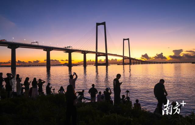 游客在深中通道日出观赏点等待日出。