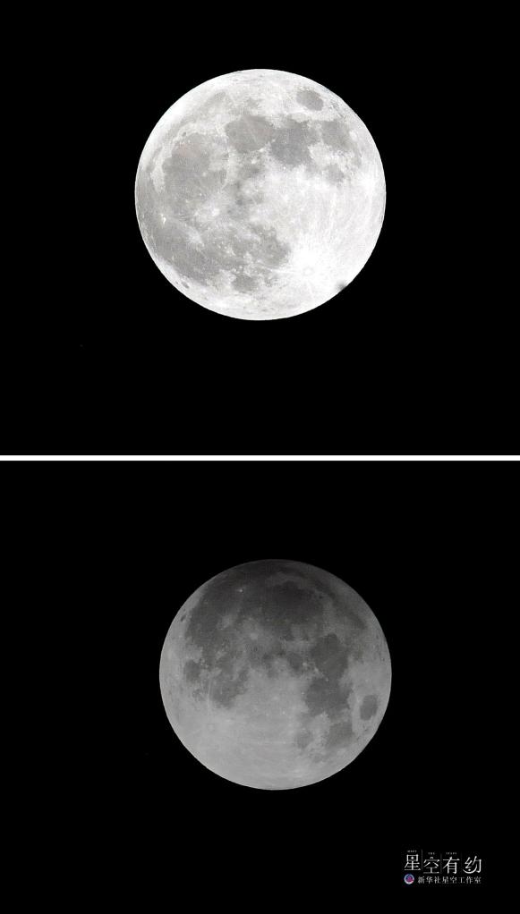 这是2012年11月28日晚在北京拍摄的月亮。上图:20时13分半影月食开始时的月亮;下图:22时02分的月亮,虽然月光暗了,但月球表面层次却增加了。新华社记者何俊昌 摄