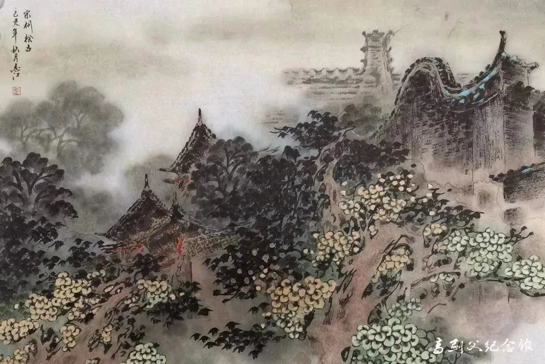 马志江创作的国画《宗祠桧古》