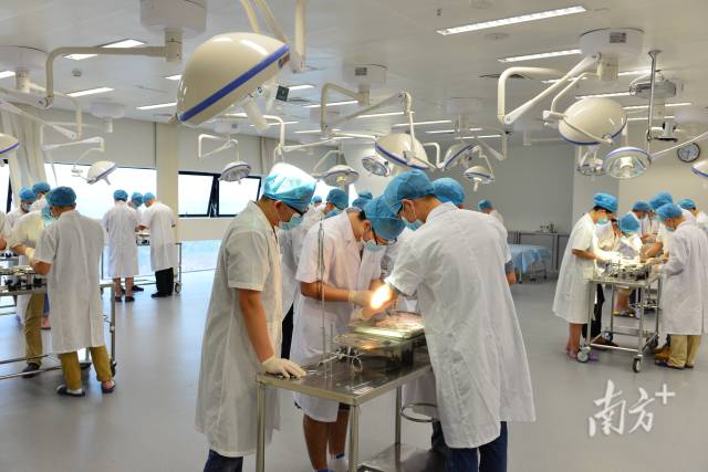 汕大医学院学生在模拟医学中心外科大厅进行技能操作练习。