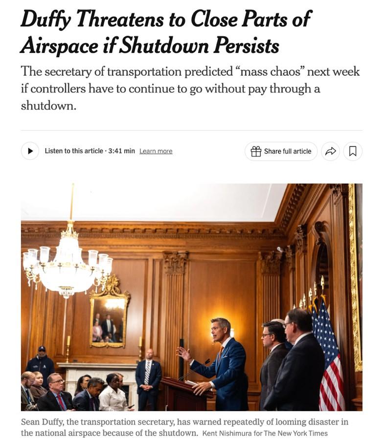 △《纽约时报》11月4日报道,交通部长达菲称,如果政府继续“停摆”、交通管制员继续无薪加班,下周恐将出现大规模混乱,并威胁要关闭国家空域