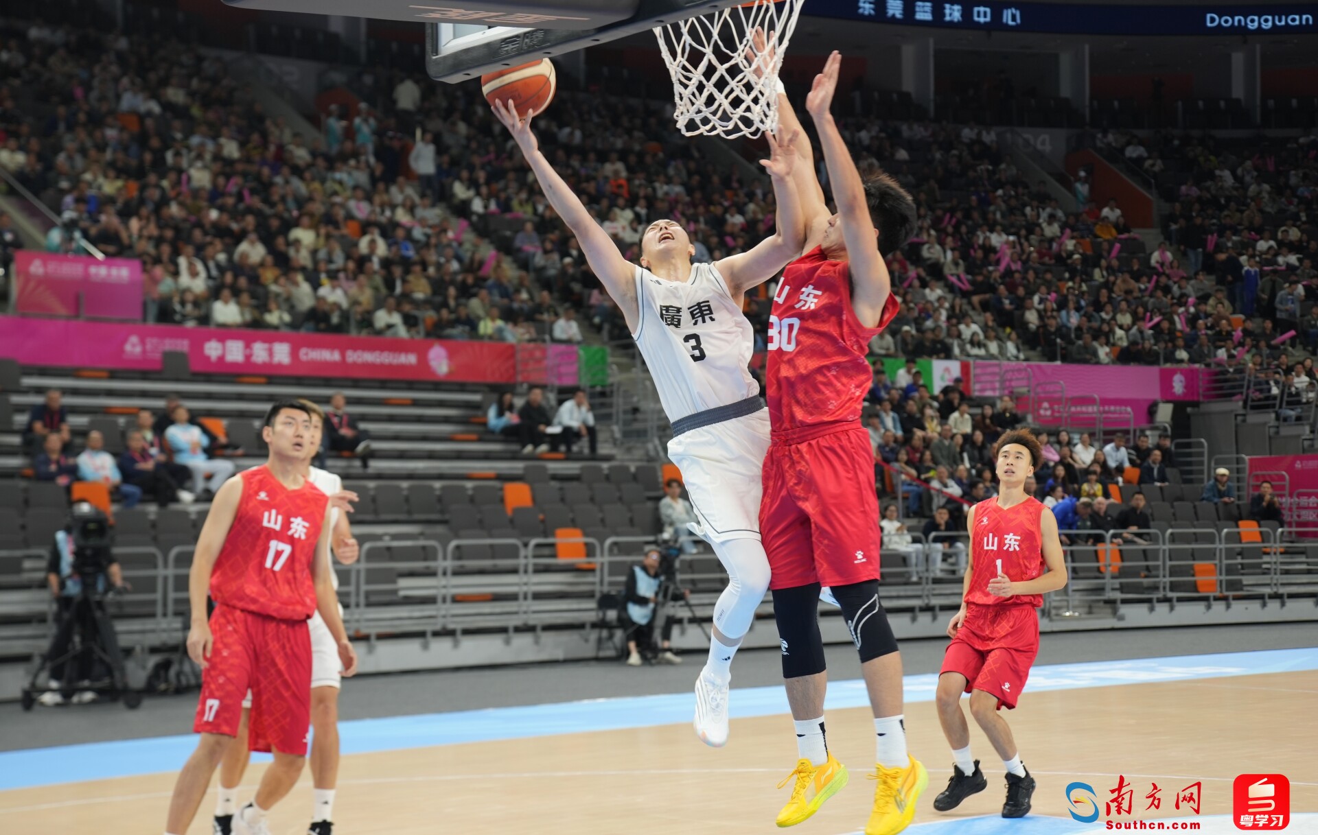 广东队选手胡明轩（白色球衣3号）在比赛中。