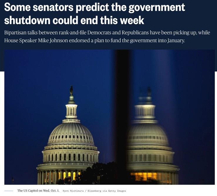 △NBC报道,有参议员预计,政府“关门”有可能本周结束