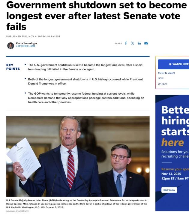 △据CNBC报道,美国参院再次未能通过临时拨款法案,此次政府“停摆”将成史上最长