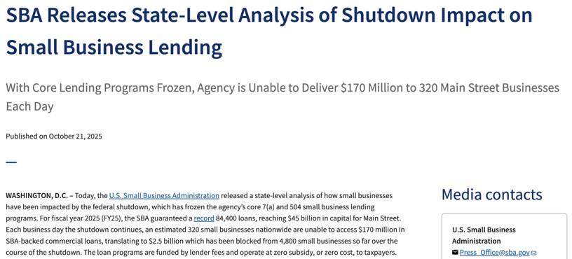 △美国小企业管理局(SBA)网站刊出分析报告,阐述政府“停摆”对小企业的影响