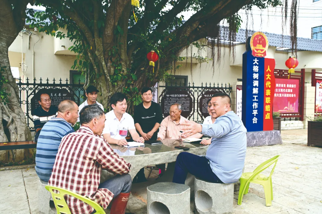 人大代表在联络站外的大榕树下接待村民。(广东省人大常委会办公厅供图)