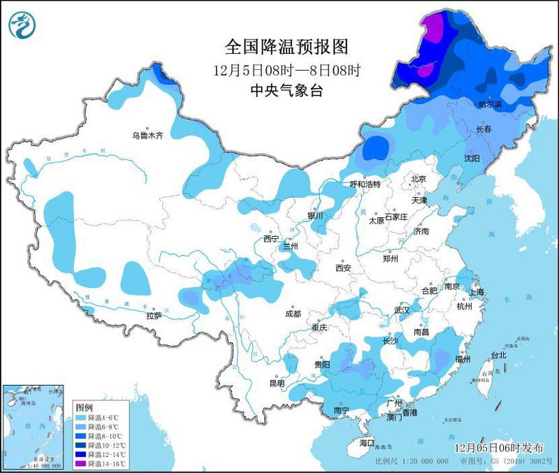 全国降温预报图(12月5日08时-8日08时)