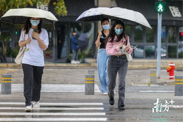 深圳市坪山区创景路，行人在大雨中步履匆匆。南方日报、南方+记者 朱洪波 摄