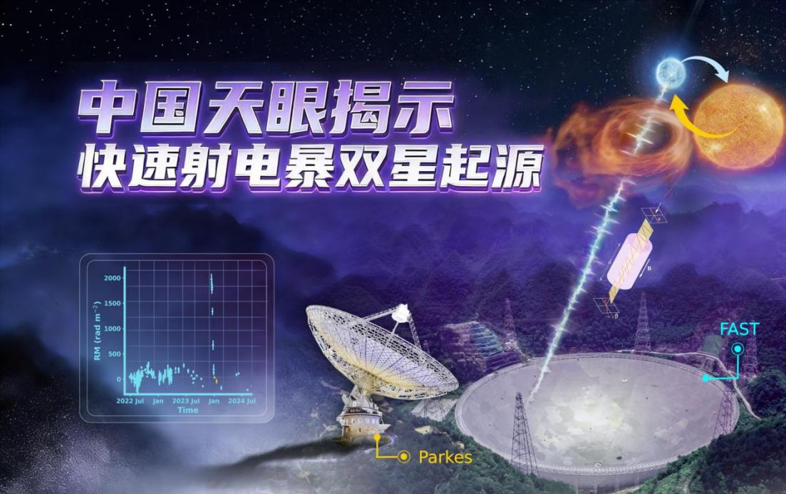 △艺术想象图：双星系统中，伴星的星冕物质抛射形成磁化等离子体云，穿过地球与快速射电暴源的观测视线，引发法拉第旋转量的剧烈变化。