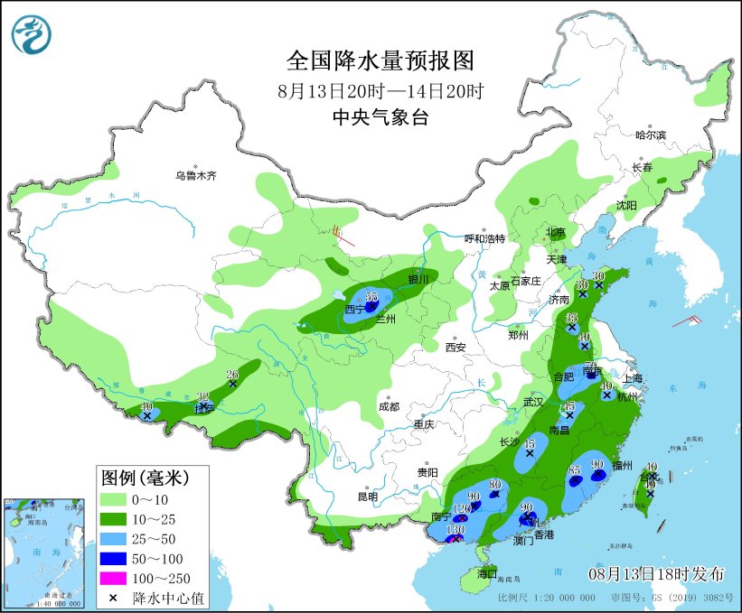 图2 全国降水量预报图（8月13日20时-14日20时）