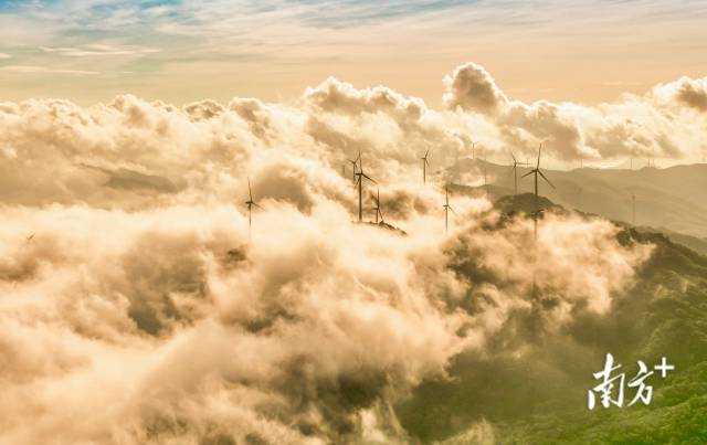 4月30日，阳江市东平风车山，朝阳点亮云海，风力发电塔矗立云端，一片潮气蓬勃。刘正亮 摄