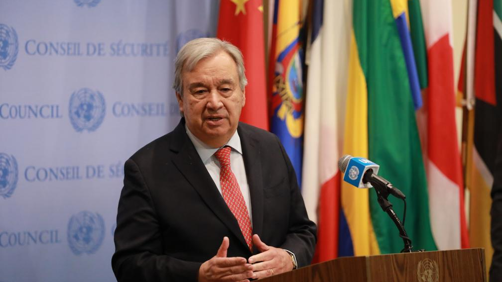 UN Secretary-General Antonio Guterres speaks to the press outside the Security Council Chamber at the UN headquarters in New York, U.S., November 27, 2023. /Xinhua