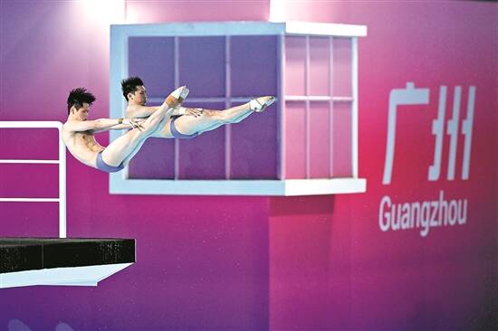 11月7日,30岁跳水冠军陈艾森(右)的“最后一跳” 羊城晚报记者 黄城栋 摄
