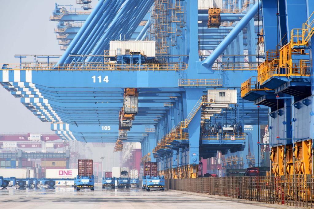 2023年5月14日，山东港口青岛港全自动化码头进行装卸作业。新华社记者 李紫恒 摄