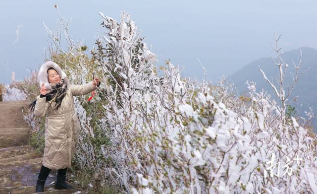 游客观赏冰雪奇观。广东雪山