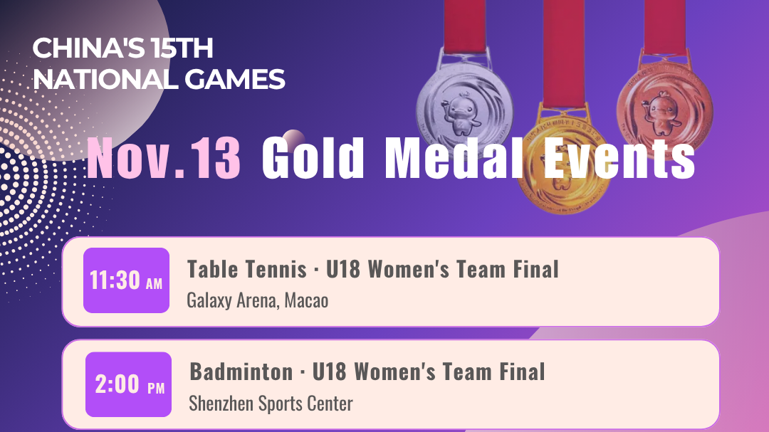 Gold medal events on November 13 at China's 15th National Games