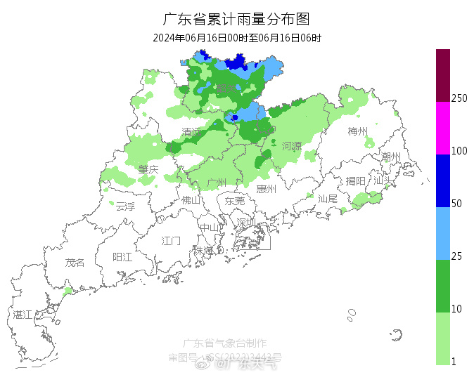从过去六小时降雨实况可见，昨夜的雨都下在了广东北部。目前，雨带正继续往东走，福建、江西准备“接盘”。  图源：广东天气