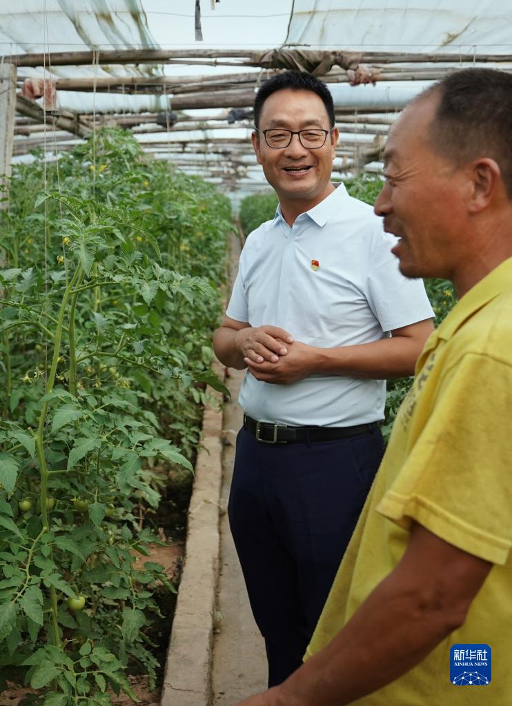 　　在河南省辉县市张村乡裴寨村，裴春亮（左）在村民的蔬菜大棚里了解种植情况（9月8日摄）。新华社记者 李安 摄