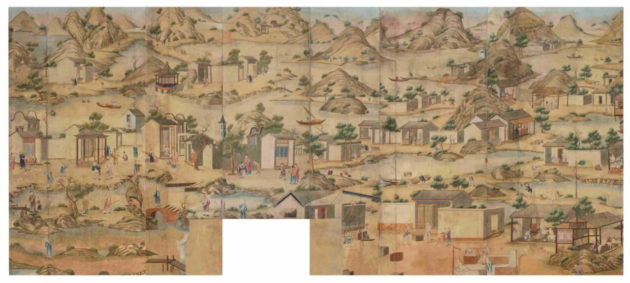 清乾隆广州手绘农耕商贸图外销壁纸