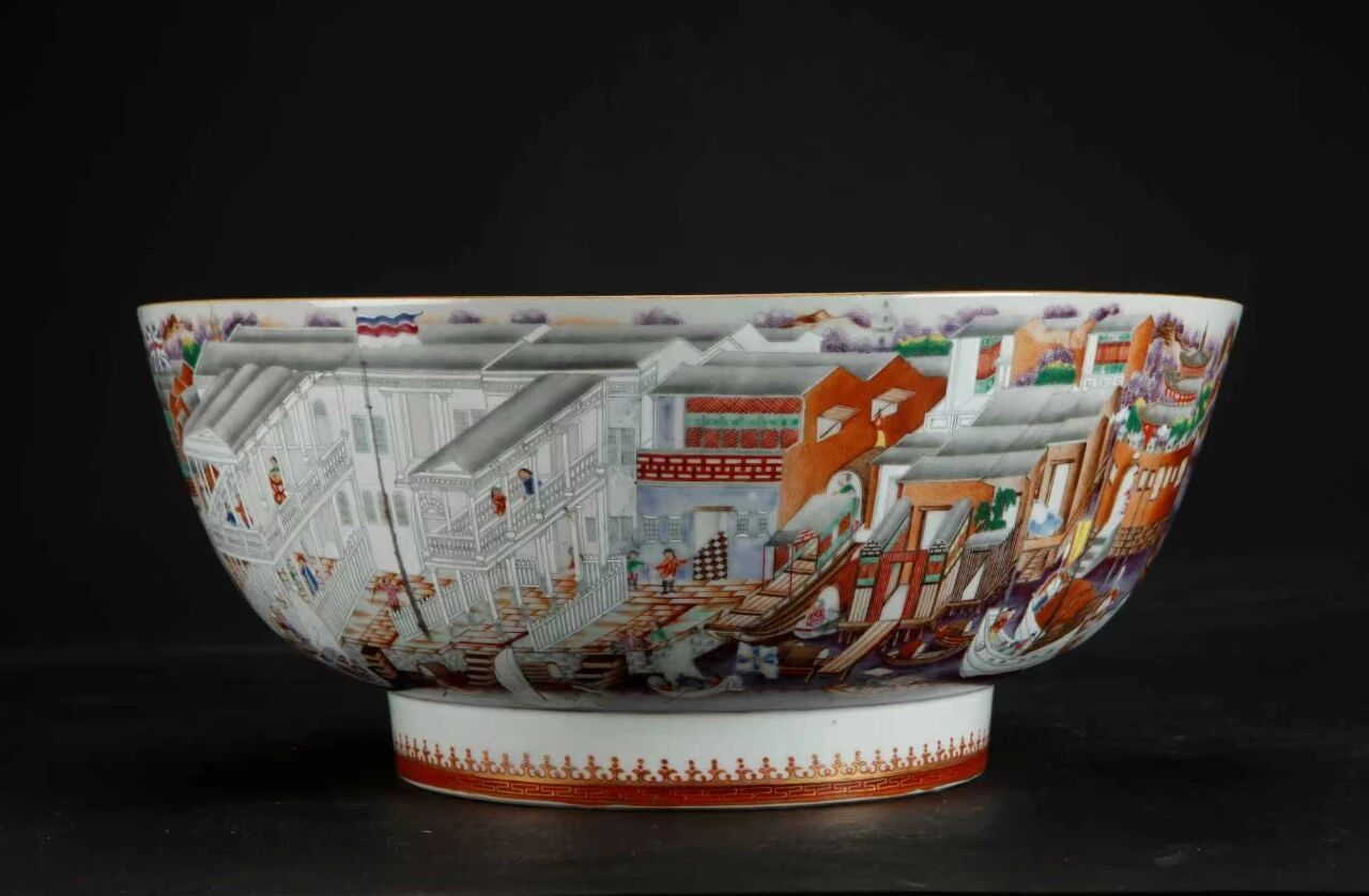 清乾隆广彩十三行通景图大碗