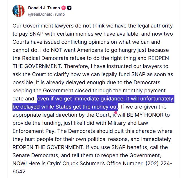 △当地时间10月31日，美国总统特朗普就“补充营养援助计划”发表声明。特朗普再次指责是民主党导致政府“停摆”，最终招致美国民众忍饥挨饿。